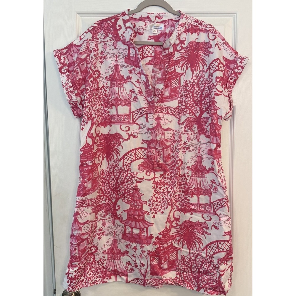 Jayes Studio Danika Herrick Dress Pink Chinoiserie Toile Asian Pagodas Coastal L